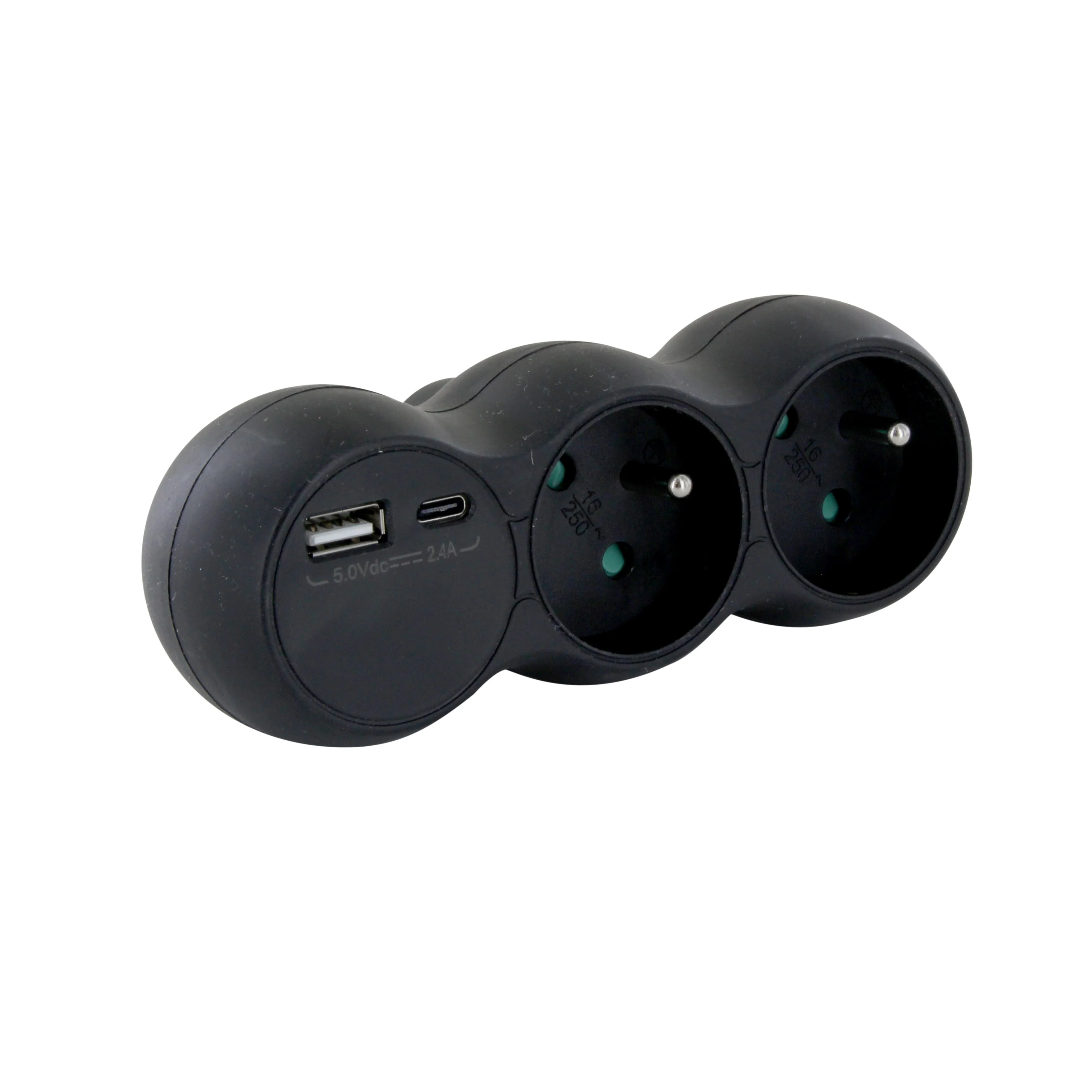 Black terminal block - 2x16A with USB-A +USB-C